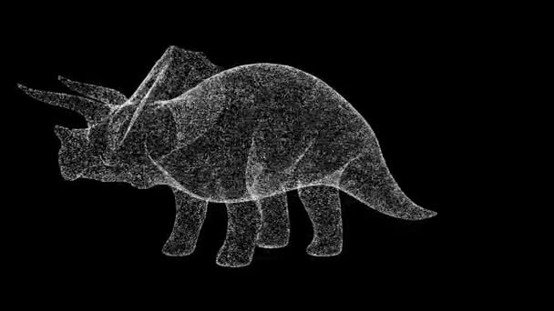 트리케라톱스는 바탕에서 회전한다 빛나는 입자로 만들어 물체입니다 동물의 타이틀 텍스트 — 비디오
