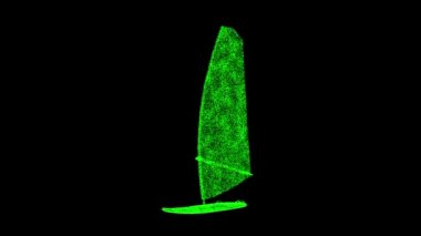 3D rüzgar sörfü raketi siyah arka planda dönüyor. Parlayan parçacıklardan yapılmış bir nesne. Spor malzemeleri konsepti. Başlık, metin, sunum için. 3D animasyon 60 FPS