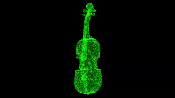 바이올린은 배경에서 회전한다 빛나는 입자로 만들어 물체입니다 음악적 타이틀 텍스트 — 비디오
