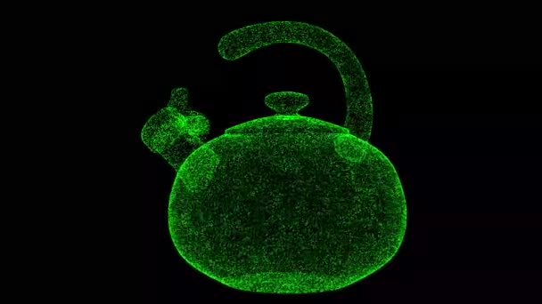 3D水壶在黑色背景上旋转 用闪光的粒子制成的物体 厨具的概念 3D动画60 Fps — 图库视频影像