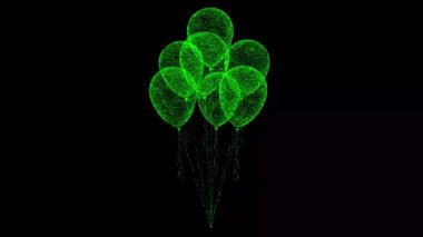 3 boyutlu balonlar siyah bg üzerinde döner. Nesne çözünmüş yeşil parçacıklar 60 FPS. İş için reklam arkaplanı. Bilim konsepti. Başlık, metin, sunum için. 3 Boyutlu Canlandırma