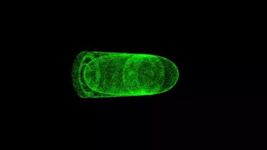 Üç boyutlu tabanca mermisi siyah bg üzerinde döner. Nesne çözünmüş yeşil parçacıklar 60 FPS. İş için reklam arkaplanı. Bilim konsepti. Başlık, metin, sunum için. 3 Boyutlu Canlandırma.