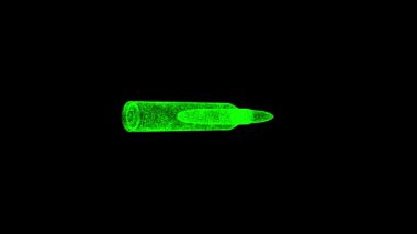 3D makineli tüfek mermisi siyah bg üzerinde dönüyor. Nesne çözünmüş yeşil parçacıklar 60 FPS. İş için reklam arkaplanı. Bilim konsepti. Başlık, metin, sunum için. 3 Boyutlu Canlandırma