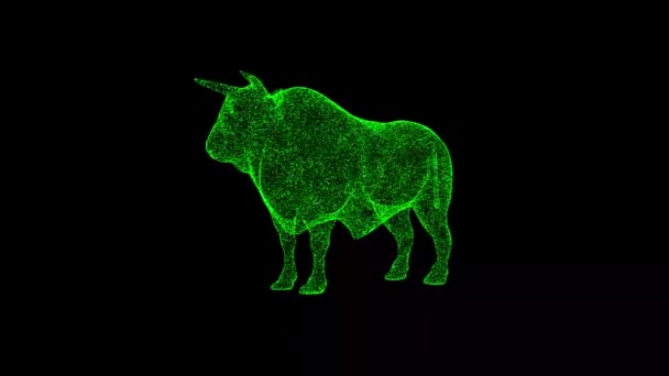 Bull Rotates Black Object Dissolved Green Flickering Particles Fps Business — Stock Video