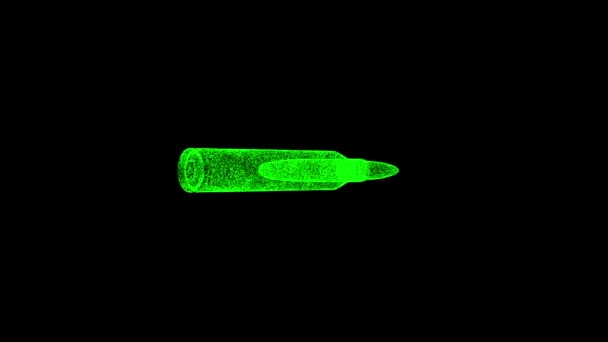 3D机枪子弹在黑色Bg上旋转 物体溶解绿色闪烁粒子60 Fps 商业广告背景 科学概念 3D动画 — 图库视频影像