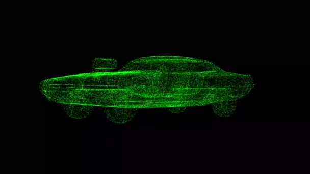 Carro Esporte Gira Preto Objeto Dissolvido Partículas Cintilantes Verdes Fps — Vídeo de Stock
