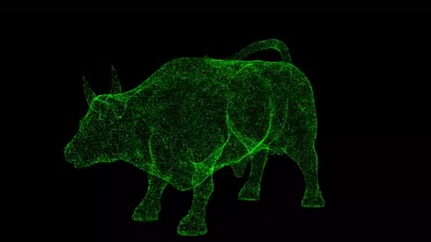 Toro Feroz Enojado Gira Negro Objeto Disuelto Partículas Verdes Parpadeantes — Vídeos de Stock