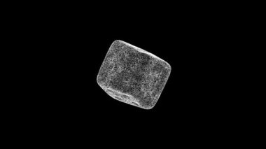 3D Dice siyah bg üzerinde dönüyor. Nesne erimiş beyaz parçacıklar 60 FPS. İş için reklam arkaplanı. Bilim konsepti. Başlık, metin, sunum için. 3 Boyutlu Canlandırma