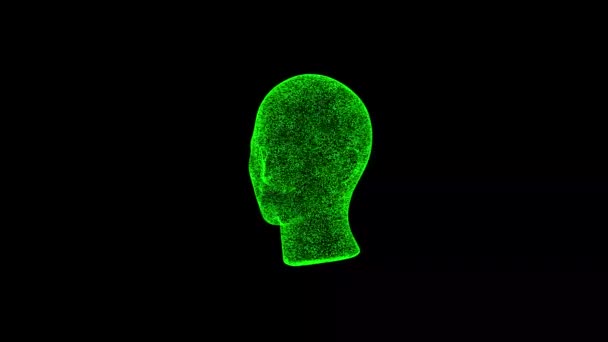 Человеческая Голова Вращается Черном Объект Растворил Зеленые Мерцающие Частицы Fps — стоковое видео