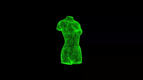3D女性躯干在黑色Bg上旋转 物体溶解绿色闪烁粒子60 Fps 商业广告背景 科学概念 3D动画 — 图库视频影像