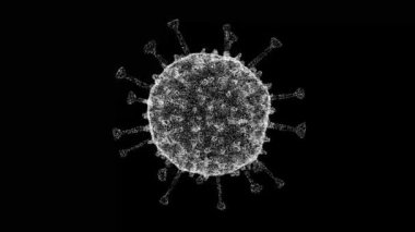 Üç boyutlu virüs siyah arkaplanda döner. Mikroskop virüsü yaklaşıyor. Tıbbi konsept. Başlık, metin, sunum için. 3D animasyon 60 FPS