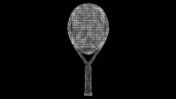 黑色背景的3D网球拍 用闪光的粒子制成的物体 运动器材概念 3D动画 — 图库照片
