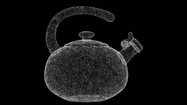 黑色背景的3D水壶 用闪光的粒子制成的物体 厨具的概念 3D动画 — 图库照片
