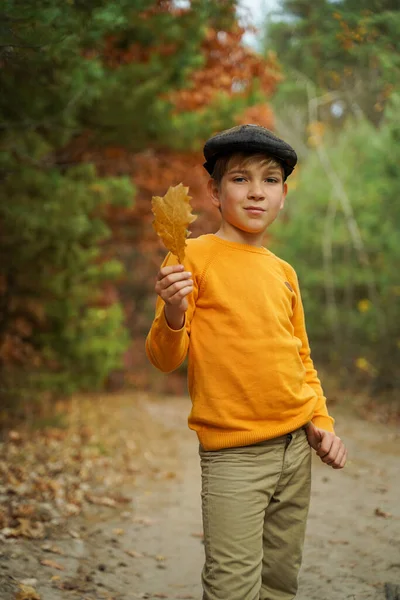 秋天森林里戴复古帽的时髦男人 手里拿着枫叶 — 图库照片