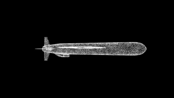 크루즈 미사일은 배경에서 회전한다 빛나는 입자로 만들어 물체입니다 타이틀 텍스트 — 비디오