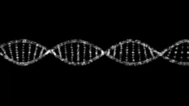 Üç boyutlu DNA siyah bg üzerinde döner. Nesne titreşen parçacıkları eritti. Bilimsel tıbbi konsept. Başlık, metin, sunum için. 3D animasyon 60 FPS