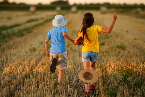 stock image A couple of teenagers in love running across a summer field, rear view. The hat flew off the girl on the run