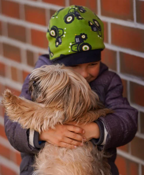 Маленький Хлопчик Любляче Обіймає Свого Собаку Фокус Собаці — стокове фото