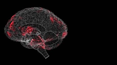 Siyah arka planda virüsün 3 boyutlu insan beynine yayılması. Vücutta virüsün görsel gösterimi. Bilim Tıp Konsepti. 3 Boyutlu Canlandırma