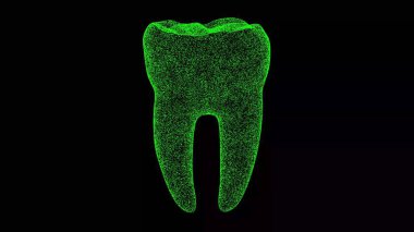 Siyah bg 'de 3 boyutlu diş. Nesne titreşen parçacıkları eritti. Bilimsel tıbbi konsept. Başlık, metin, sunum için. 3d canlandırma