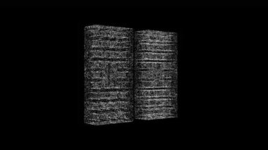 Üç boyutlu tuğlalar siyah arkaplanda döner. Beyaz titreşen parçacıklardan oluşan nesne 60 FPS. Bilim konsepti. Başlık ve sunum için soyut bg. Ekran koruyucu. 3 Boyutlu Canlandırma.