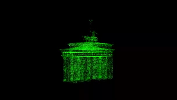 ベルリンの3Dブランデンブルク門は黒い背景で回転します 緑のちらつき粒子で構成される物体60 Fps 科学の概念 タイトル 発表用のアブストラクトBg スクリーンセーバーだ 3Dアニメーション — ストック動画