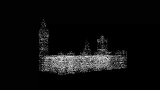 ロンドンの3Dビッグ ベンは黒い背景で回転します 物体溶解白ちらつき粒子60 Fps 科学の概念 タイトル 発表用のアブストラクトBg ホログラフィック スクリーンセーバー 3Dアニメーション — ストック動画