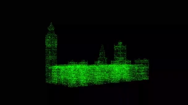 Big Ben Londra Ruota Sfondo Nero Oggetto Disciolto Particelle Verdi — Video Stock