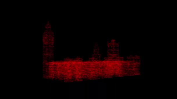 伦敦的3D大本钟在黑色背景下旋转 物体溶解红色闪烁粒子60 Fps 科学概念 摘要标题 全息屏幕保护程序 3D动画 — 图库视频影像