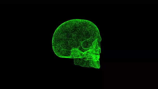 3D人体頭蓋骨は黒い背景で回転します 物体溶解緑のちらつき粒子60 Fps 科学の概念 タイトル 発表用のアブストラクトBg ホログラフィック スクリーンセーバー 3Dアニメーション — ストック動画