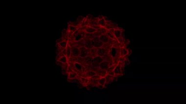 Sivri uçlu 3 boyutlu küre siyah arka planda dönüyor. Nesne çözünmüş kırmızı titreşen parçacıklar 60 FPS. Bilim konsepti. Başlık ve sunum için soyut bg. Holografik ekran koruyucu. 3 Boyutlu Canlandırma.