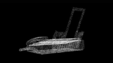 3D ofis faksı siyah arka planda döner. Parlayan parçacıklardan yapılmış bir nesne. Ofis makineleri ve ekipman konsepti. Modern iş teknolojisi. Başlık, metin, sunum için. 3D animasyon 60 FPS