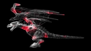 Siyah arka planda üç boyutlu ejderha. Parlayan parçacıklardan yapılmış bir nesne. Muhteşem bir fantezi. Başlık, metin, sunum için. 3D animasyon 60 FPS