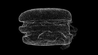 Üç boyutlu burger siyah arkaplanda döner. Fast food konsepti. Başlık, metin, sunum için. Parlayan parçacıklardan yapılmış bir nesne. 3D animasyon 60 FPS