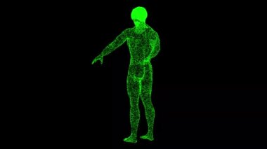 Üç boyutlu çıplak erkek vücudu siyah arka planda döner. İnsan anatomisi konsepti. Kas anatomisi sistemi. Başlık, metin, sunum için. Parlayan parçacıklardan yapılmış bir nesne. 3D animasyon 60 FPS