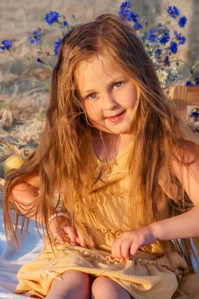 一个长发的小女孩的画像 背景上的蓝色野花 夏天的仙女 — 图库照片