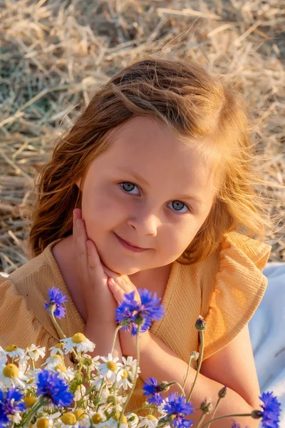 Portrait Little Girl Long Flowing Hair Blue Wildflowers Foreground Summer — Stock Photo, Image