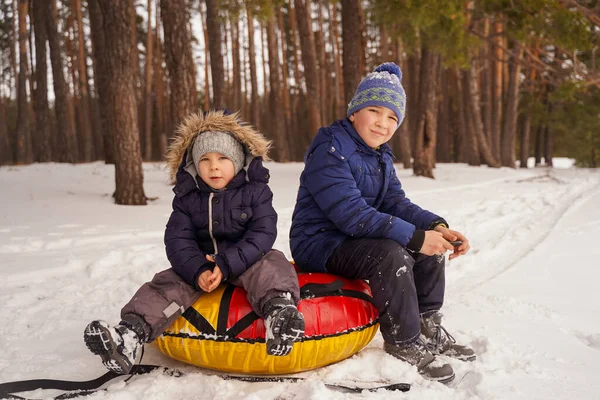 stock image Children sit on tubing in the snowy forest and take a break from the winter fun. Happy children in winter