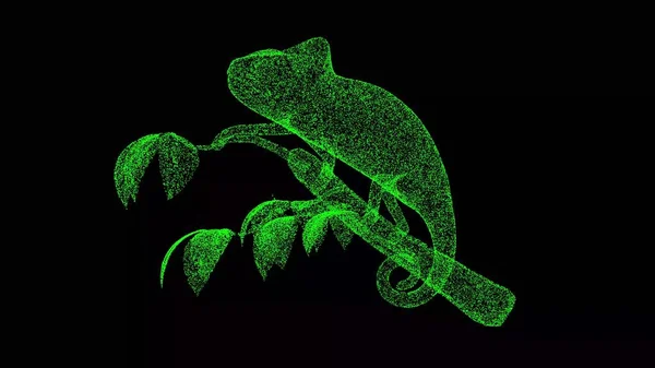 3D chameleon on black background. Object made of shimmering particles. Wild animals concept. Protection of the environment. For title, text, presentation. 3d animation