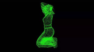 Siyah bg üzerinde üç boyutlu samuray. Bir samuray dizlerinin üstüne çöküp kurdele bağlar. Bir savaşçı savaşa hazırlanır. Japon savaş kültürü. Başlık, metin, sunum için. 3 Boyutlu Canlandırma