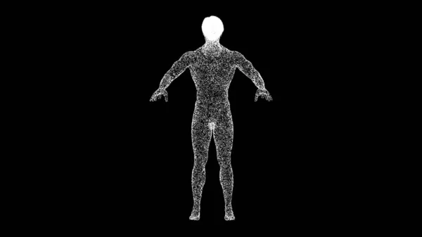 黒を背景に3D裸の男性の体 人間の解剖学的概念 筋肉の解剖システム タイトル テキスト プレゼンテーションのために 光る粒子でできた物体 3Dアニメーション — ストック写真