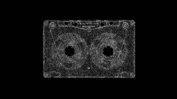 ブラックバッグに3Dオーディオカセット アナログメディアストレージ ヴィンテージ レトロ 3次元カセットテープ分離 タイトル テキスト プレゼンテーションのために 光る粒子でできた物体 3Dアニメーション — ストック写真