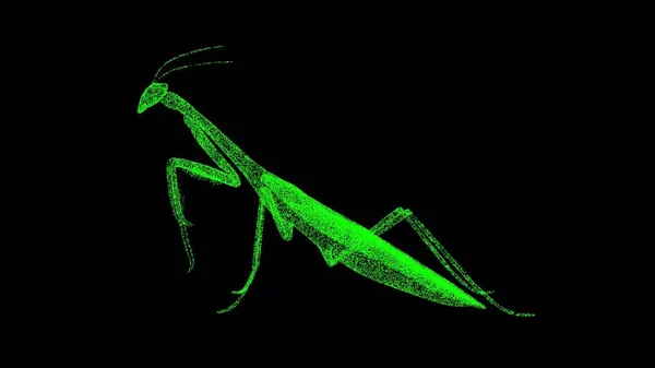 黒のバッグの上に3Dのカマキリ 昆虫のマンティス 野生動物の概念 環境の保護 動物園のコンセプト タイトル テキスト プレゼンテーションのために 光る粒子でできた物体 3Dアニメーション — ストック写真
