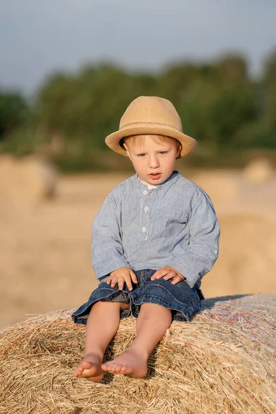 一个穿着农村服装的孩子坐在干草上 — 图库照片