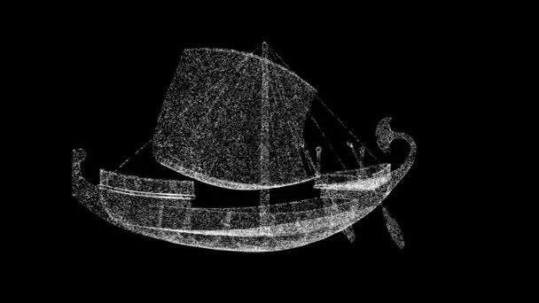 3D古代の船のギャラリーは黒い袋で回転します 歴史科学の概念 タイトル テキスト プレゼンテーションのために 粒子を粉砕する 3Dアニメーション60 Fps — ストック動画