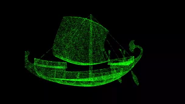 3D古船厨房在黑色的船头上旋转 历史科学概念 发光的粒子 3D动画60 Fps — 图库视频影像