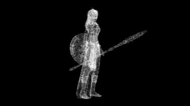 Üç boyutlu Amazon Savaşçısı Kadın siyah bg üzerinde dönüyor. Tarihi bir kavram. Güçlü bir kadın, feminizmin sembolü. Başlık, metin, sunum için. Parıldayan parçacıklar. 3D animasyon 60 FPS