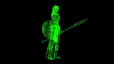 Üç boyutlu Amazon Savaşçısı Kadın siyah bg üzerinde dönüyor. Tarihi bir kavram. Güçlü bir kadın, feminizmin sembolü. Başlık, metin, sunum için. Parıldayan parçacıklar. 3D animasyon 60 FPS