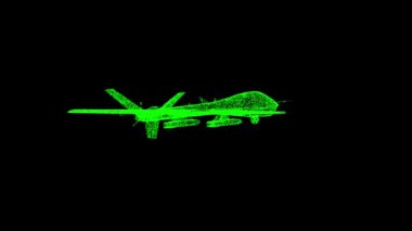 3D askeri hava aracı siyah arka planda döner. Modern Askeri Helikopter Teknolojisi kavramı. Hava silahları, pilotsuz uçaklar. Başlık, metin, sunum için. Parıldayan parçacıklar. 3D animasyon 60 FPS