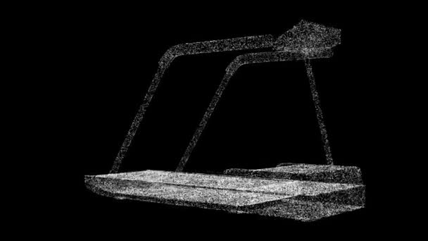 3D跑步机教练在黑色的Bg上旋转 健康的生活方式概念 运动器材和健身器械 发光的粒子 3D动画60 Fps — 图库视频影像